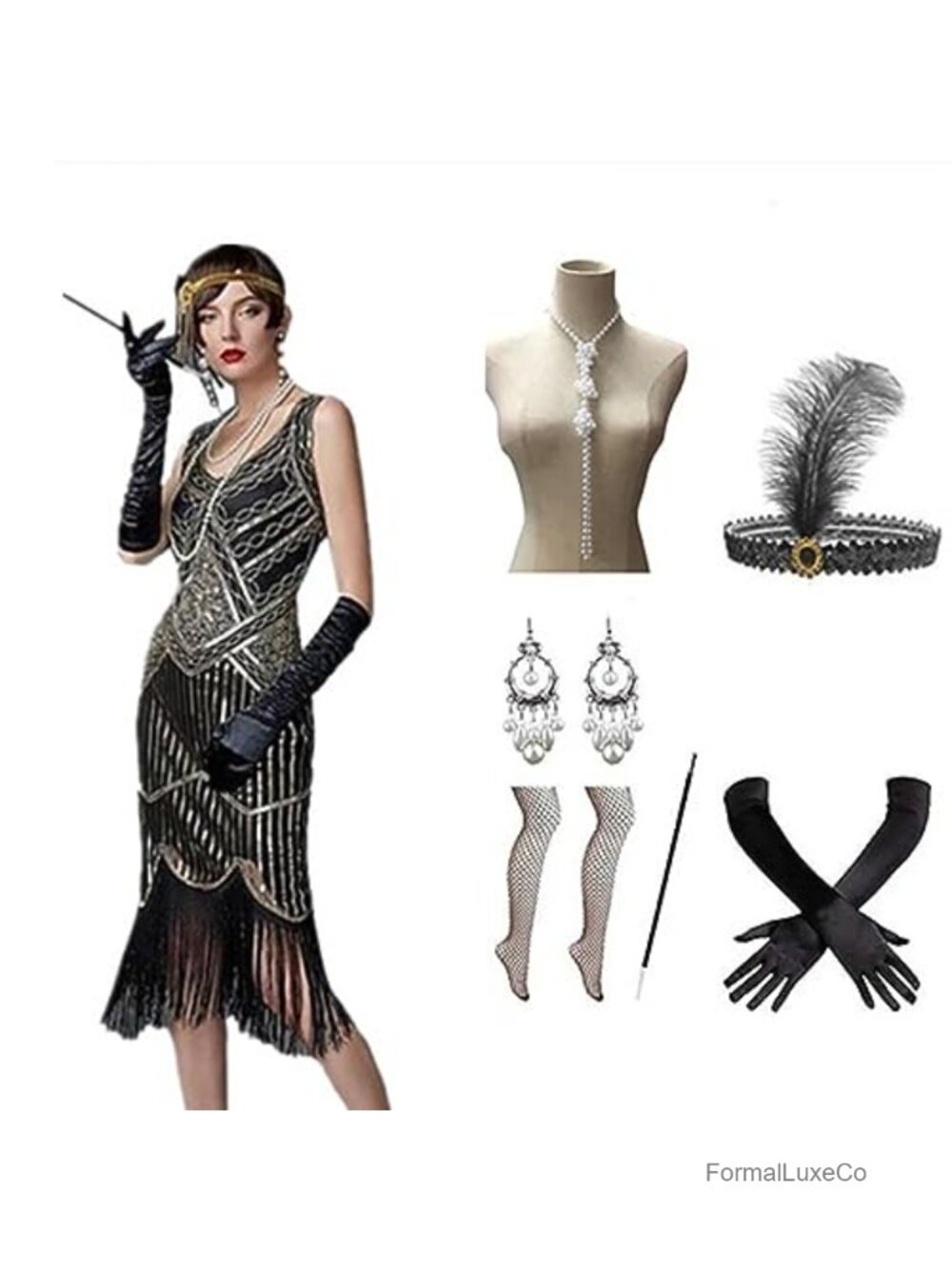 1920s Flapper Dress Set Sequin Fringe V Neck Midi Costume